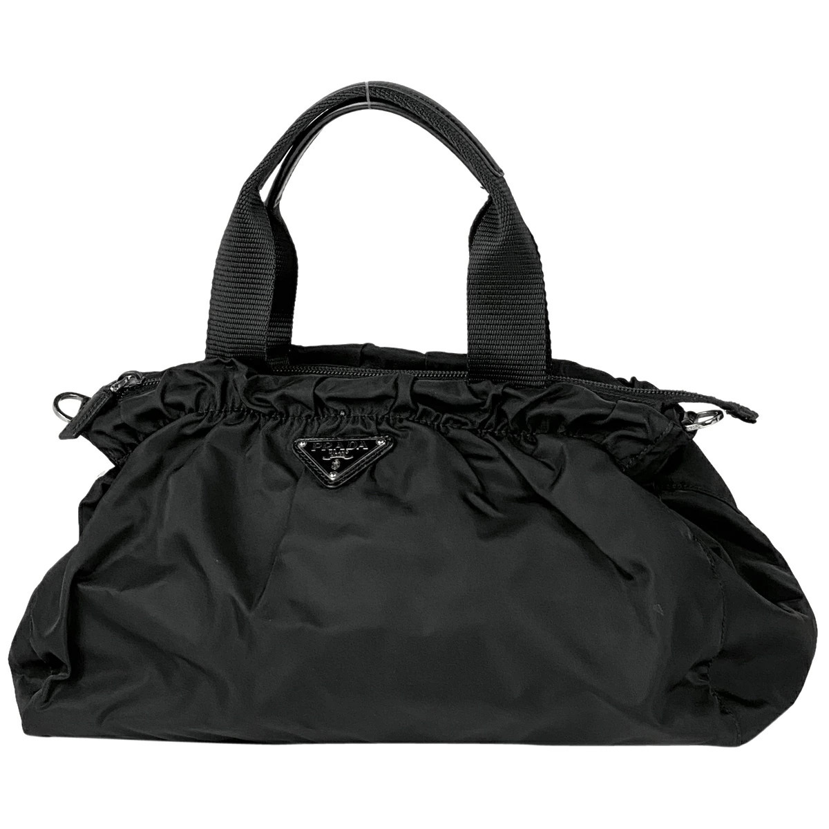 Prada Logo Plate Handbag Shoulder Bag Gathered Nero Black